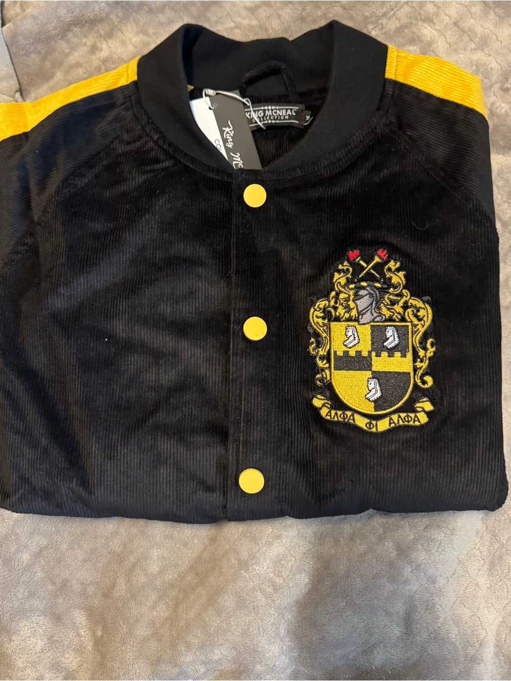 Brand New King McNeal Alpha Phi Alpha Corduroy Bomber with Yellow Crest Detail